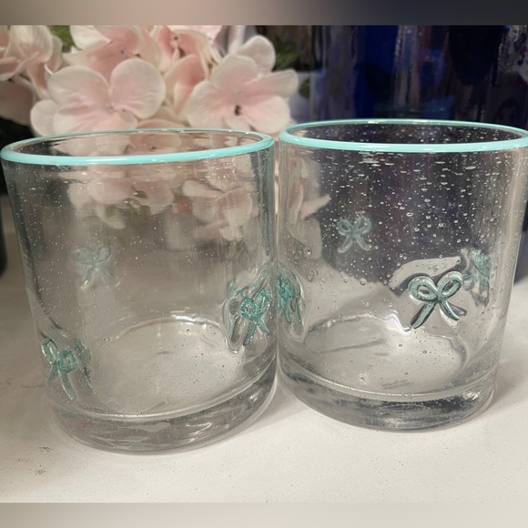 Tiffany Blue Bow Ribbon Lampwork Embedded Drinking Glasses Set of 2 Coquette NEW - Picture 1 of 2